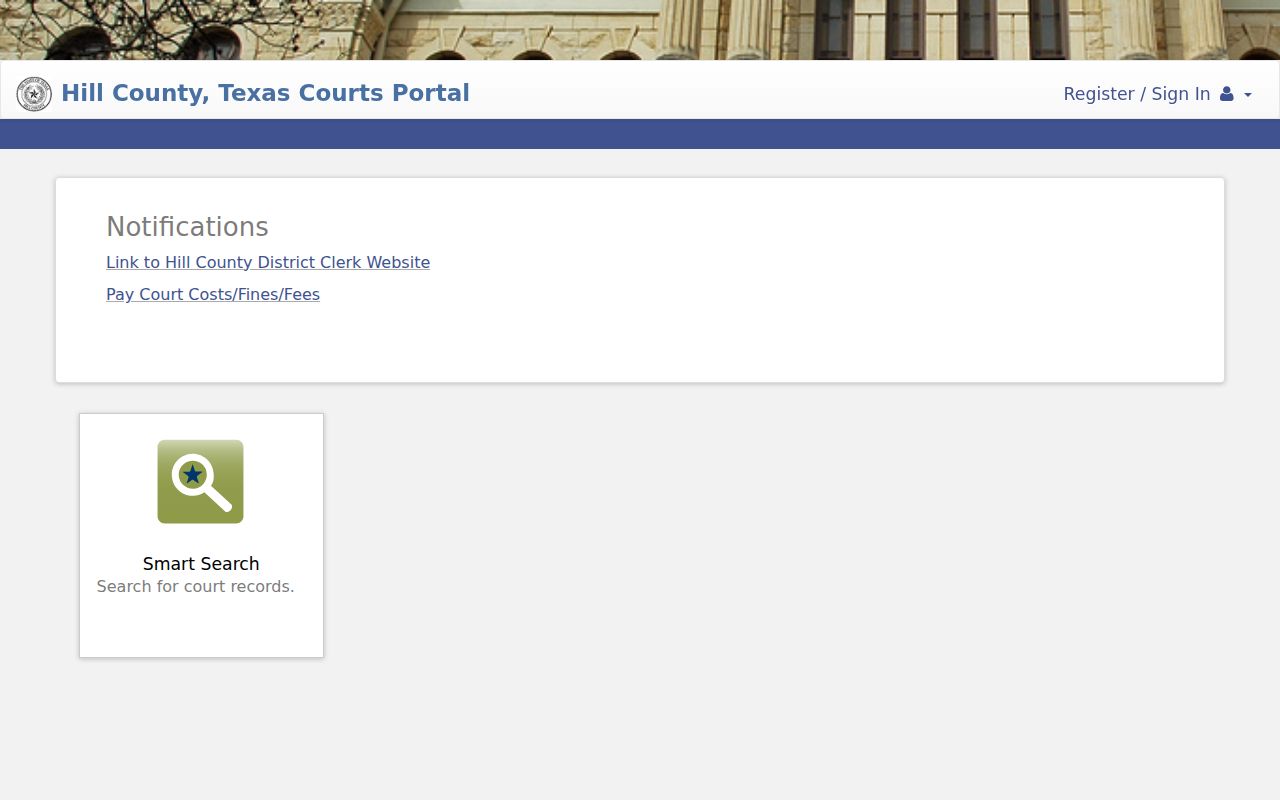 Hill County warrant lookup portal landing page for court records
