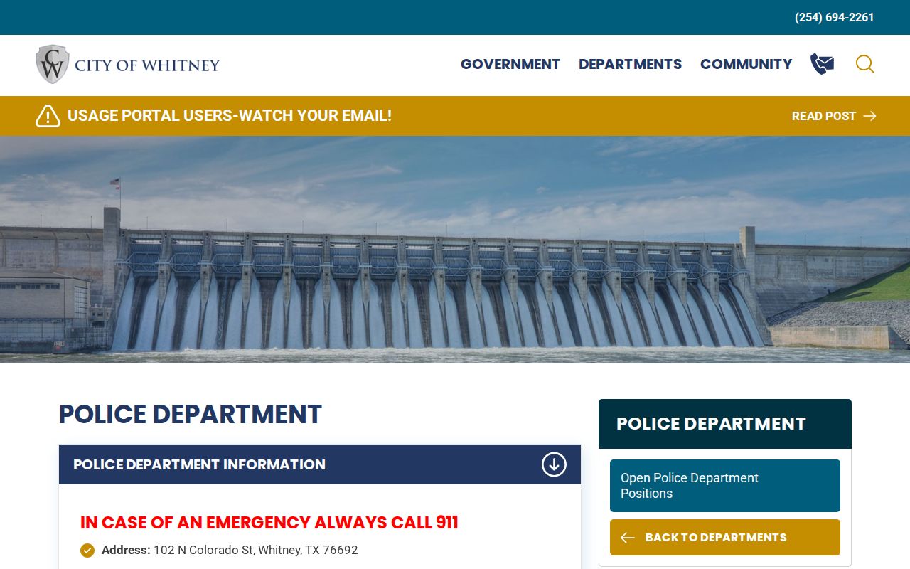 Whitney Police Department contact page