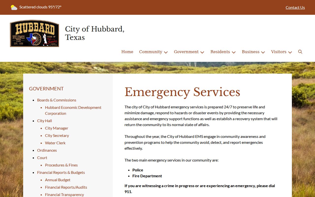 Hubbard Police contact details on the city emergency-services page