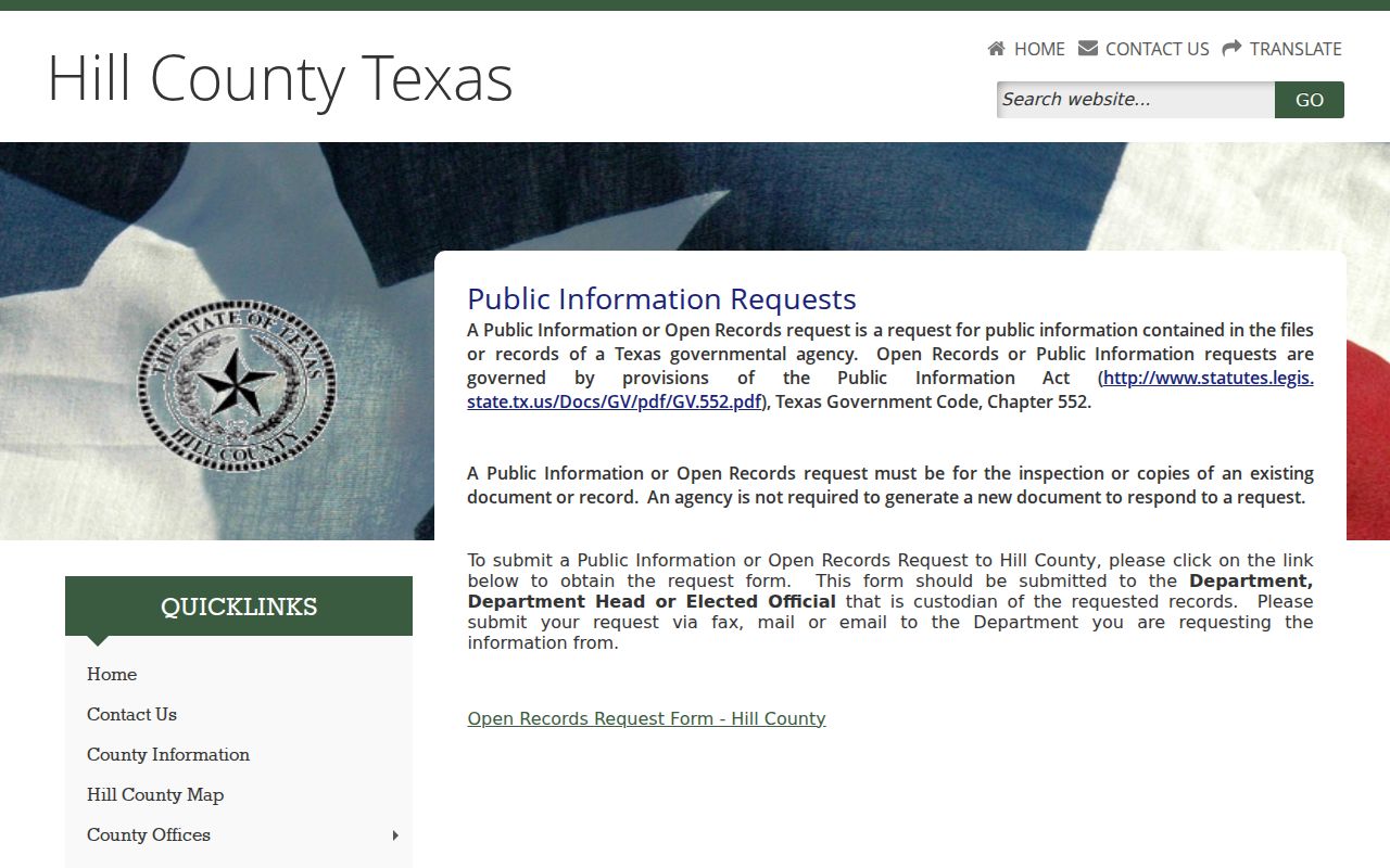 Hill County warrant records request instructions from the County PIA page
