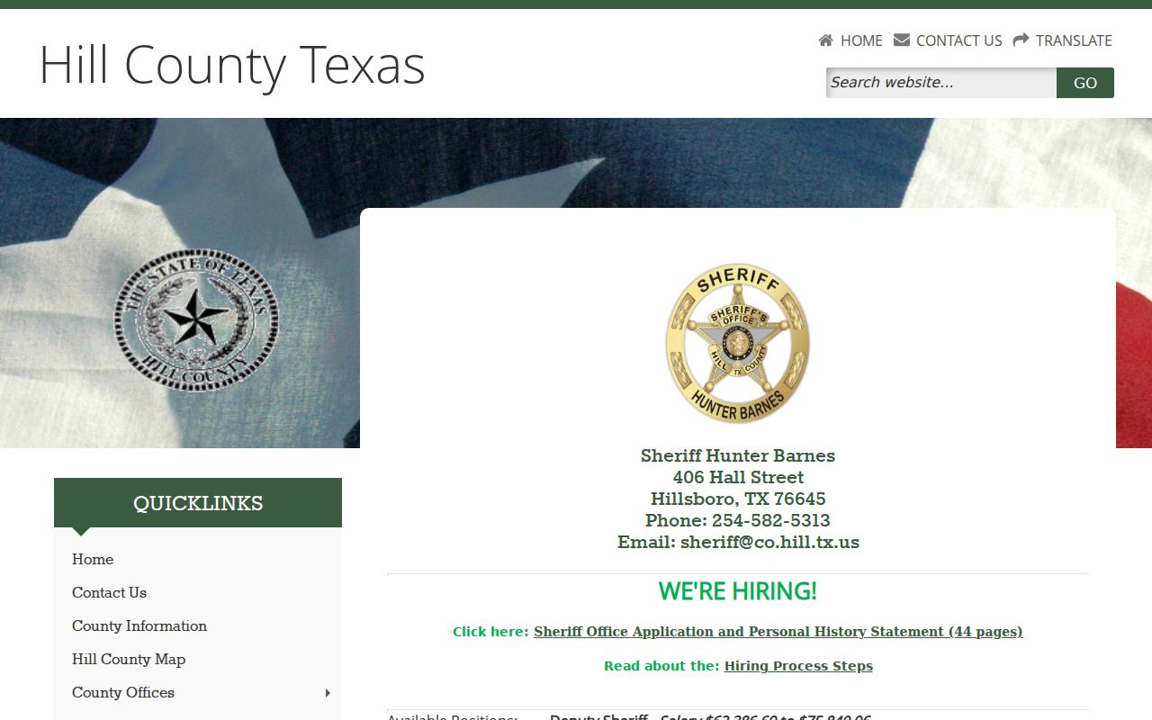 Hill County active warrant records contact and Sheriff custody-status boundary